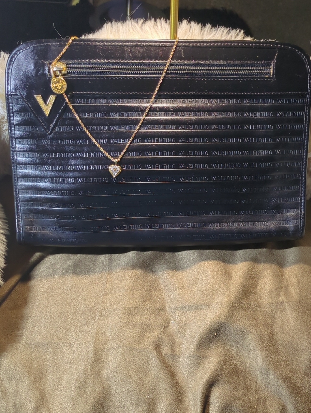 Valentino Black Embossed Logo Clutch w/Gold V Accent & Valentino Heart Pendant